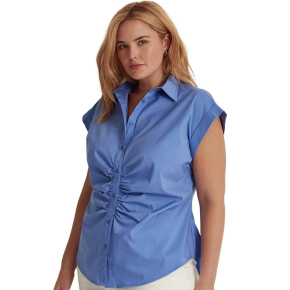 Lauren Ralph Lauren Tops - LAUREN RALPH LAUREN SHIRRED BUTTON DOWN TOP, BLUE 12